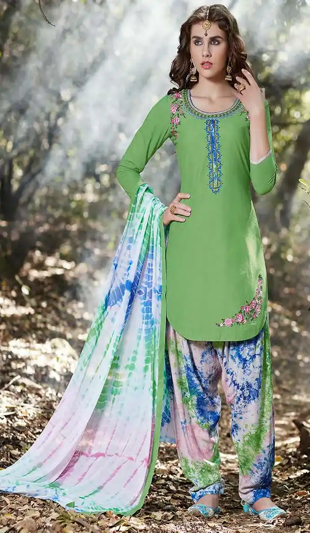 Green Color Cotton Embroidery Casual Punjabi Patiyala Suit | FH582785953
