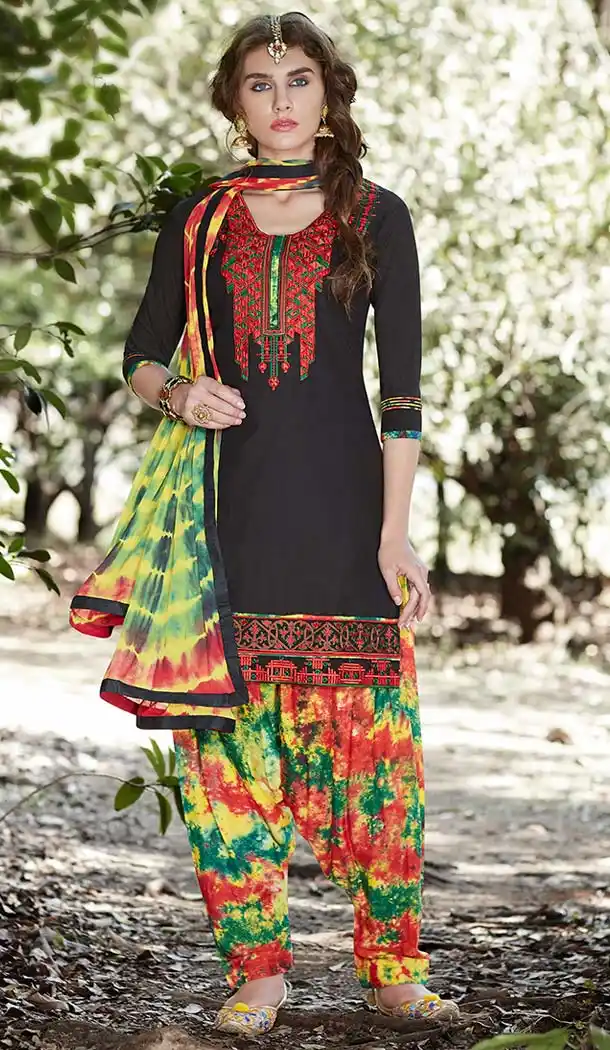 Black Color Cotton Embroidery Casual Punjabi Patiyala Suit | FH582785954