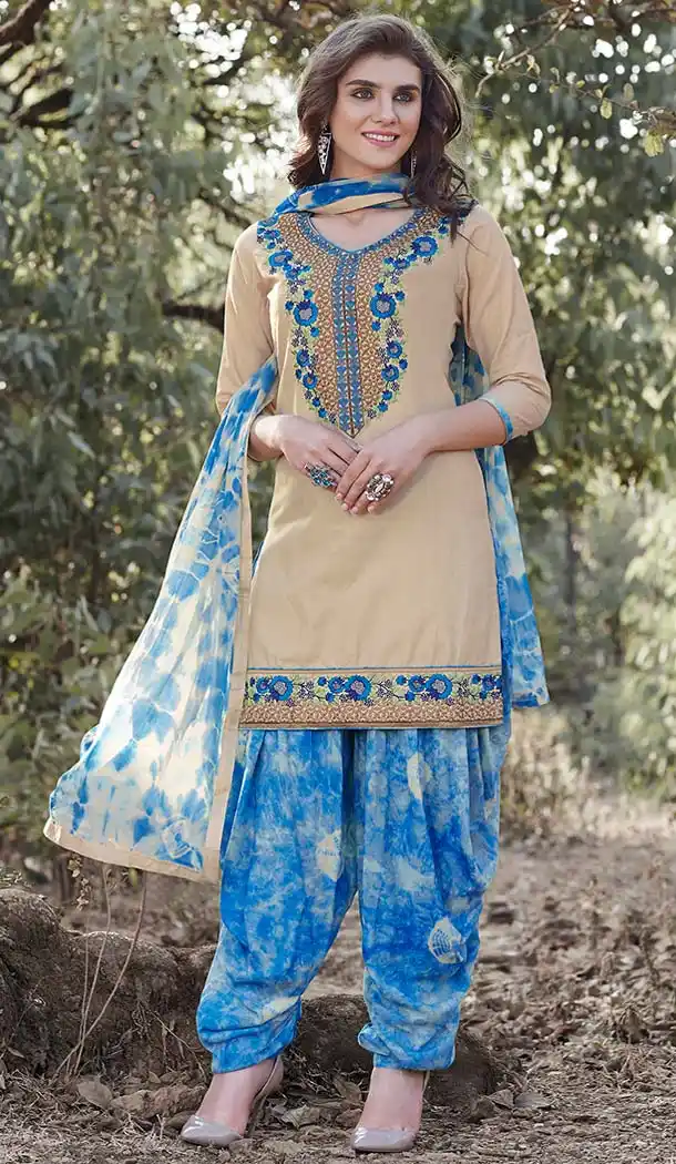 Beige Color Cotton Embroidery Casual Punjabi Patiyala Suit | FH582785955
