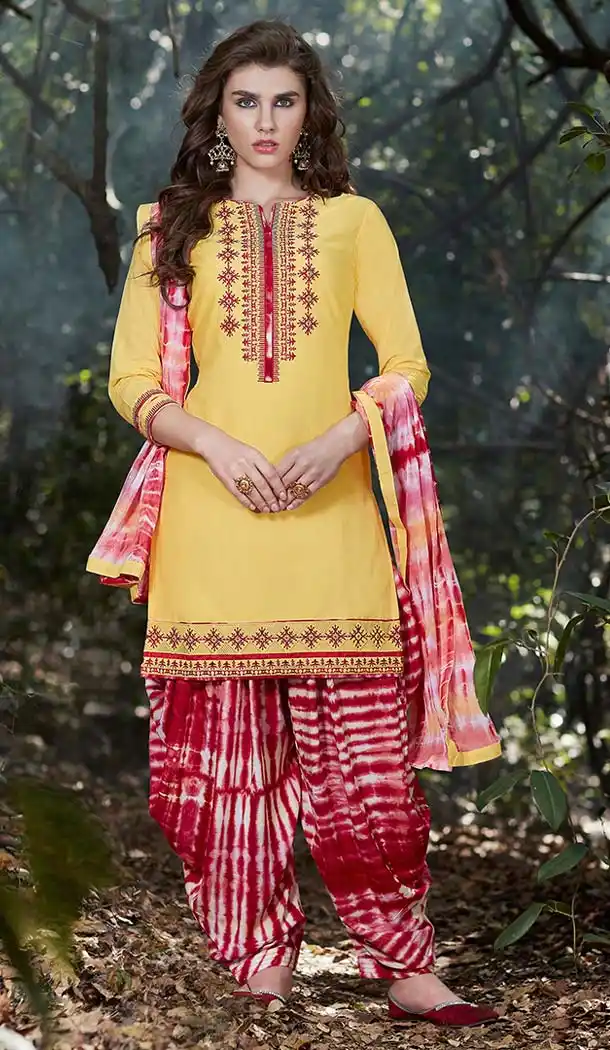 Yellow Color Cotton Embroidery Casual Punjabi Patiyala Suit | FH582785956