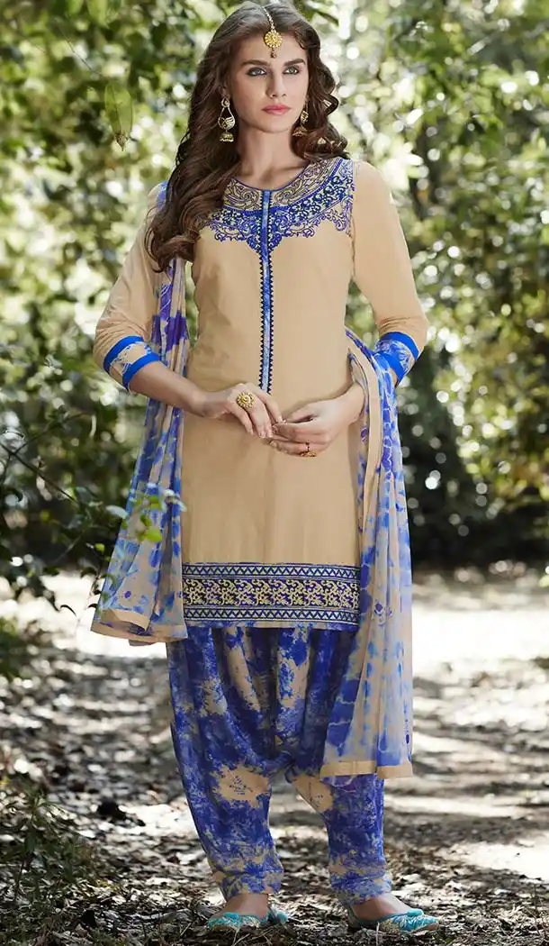Cotton Beige Color Embroidery Casual Punjabi Patiyala Suit | FH582785958