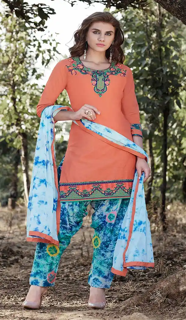 Cotton Orange Color Embroidery Casual Punjabi Patiyala Suit | FH5827860