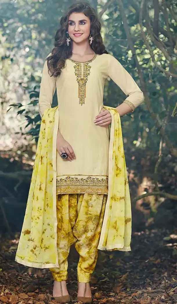 Cotton Yellow Color Embroidery Casual Punjabi Patiyala Suit | FH582785960