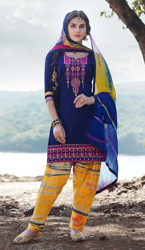 Cotton Blue Color Embroidery Casual Punjabi Patiyala Suit | FH582785961