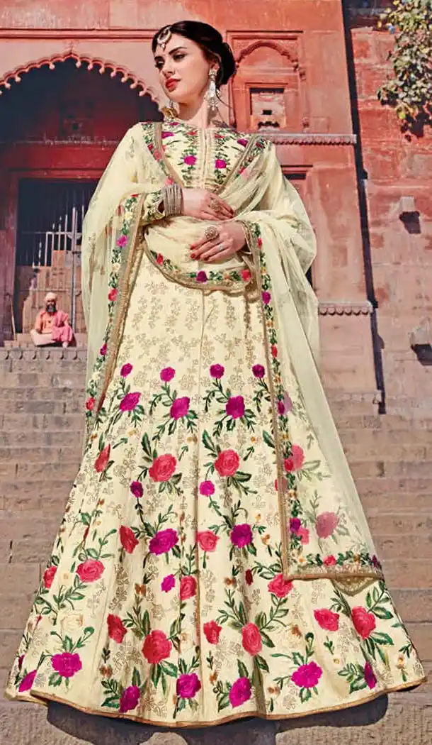 Cream Color Silk Embroidery Designer A Line Lehenga Choli | FH583486044