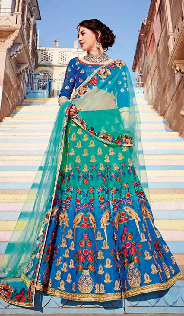 Turquoise Color Silk Embroidery Designer A Line Lehenga Choli | FH583486046