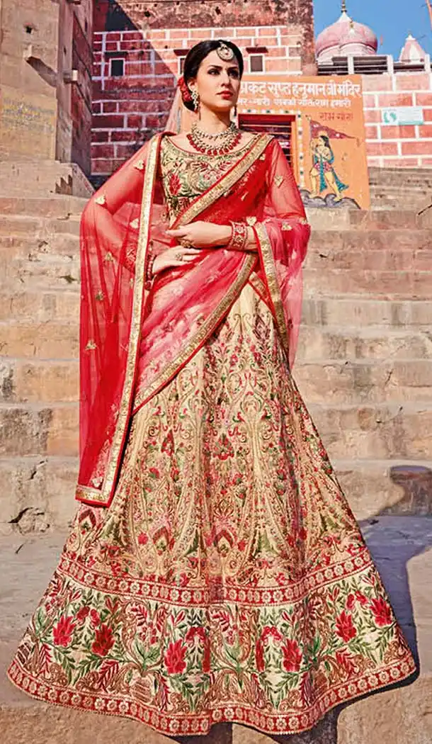 Beige Color Silk Embroidery Designer A Line Lehenga Choli | FH583486047