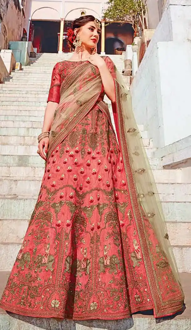 Salmon Color Silk Embroidery Designer A Line Lehenga Choli | FH583486048