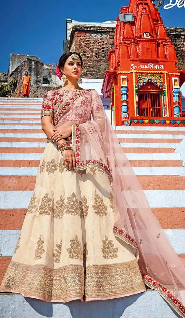 Beige Color Silk Embroidery Designer A Line Lehenga Choli | FH583486051