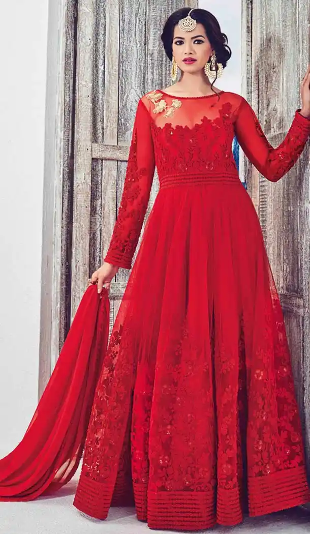 Red Color Georgette Long Length Anarkali Churidar Kameez | FH583586034