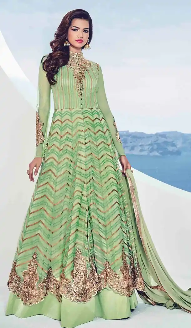 Aloe Vera Green Color Georgette Long Length Anarkali Churidar Kameez | FH583586040