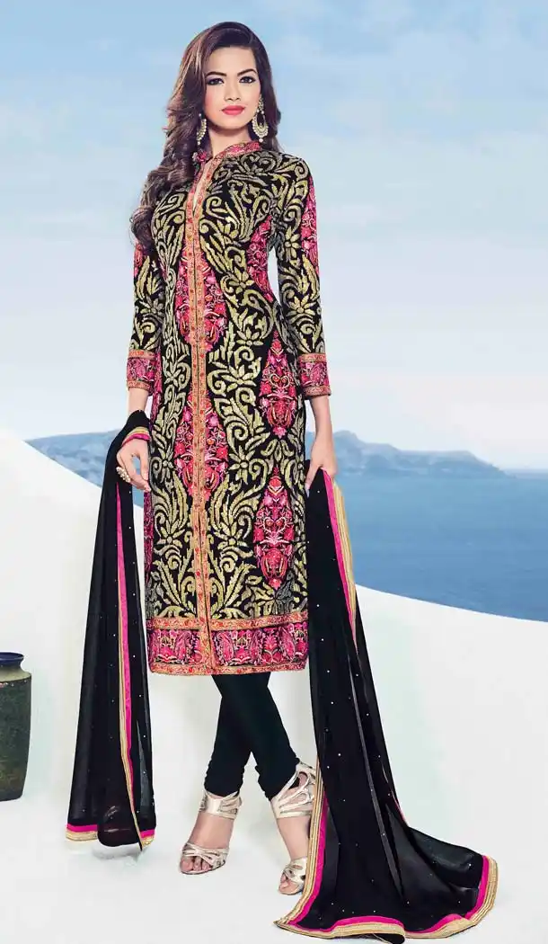 Black Color Georgette Straight Cut Churidar Kameez | FH583586041