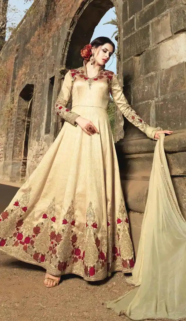 Pakistani Embroidery Work Beige Color Silk Salwar Kameez | FH583686070
