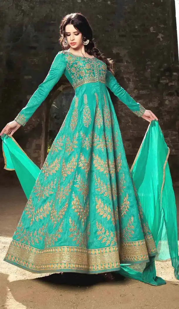 Pakistani Embroidery Work Turquoise Color Silk Salwar Kameez | FH583686071