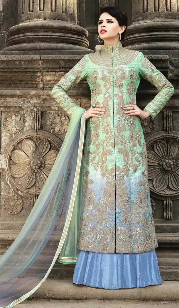 Pakistani Embroidery Work Aloe Vera Green Color Silk Salwar Kameez | FH583686072