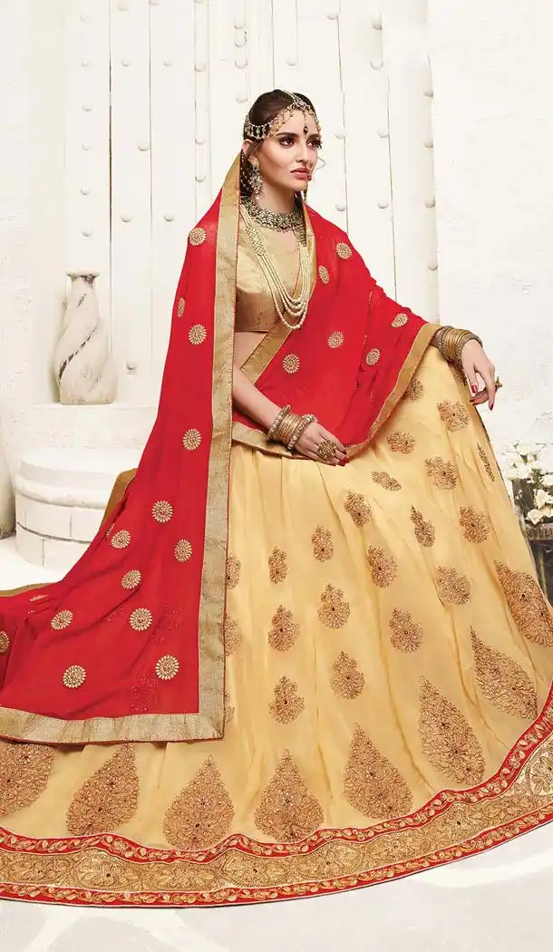 Beige Color Georgette Embroidery A Line Style Lehenga Choli | FH583786074