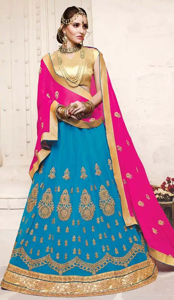 Azure Blue Color Georgette Embroidery A Line Style Lehenga Choli | FH583786075