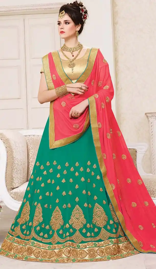 Georgette Green Color Embroidery Circular Style Lehenga Choli | FH583786081