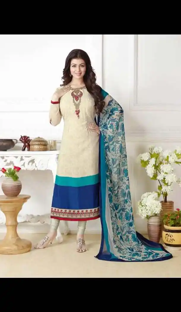 Cream Color Georgette Straight Cut Casual Salwar Kameez | FH583886185