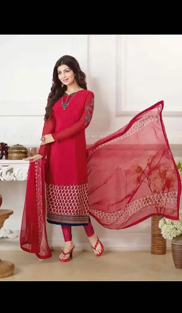 Red Color Georgette Straight Cut Casual Salwar Kameez | FH583886192