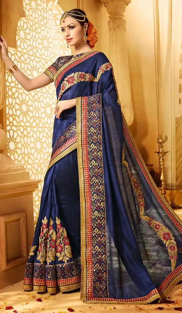 Navy Blue Color Banarasi Silk Embroidery Designer Saree | FH583986193