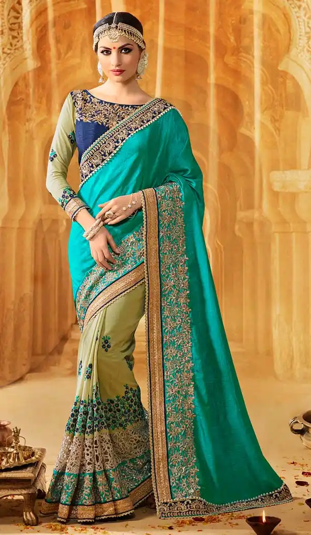 Emerald Color Silk Embroidery Designer Saree | FH583986195