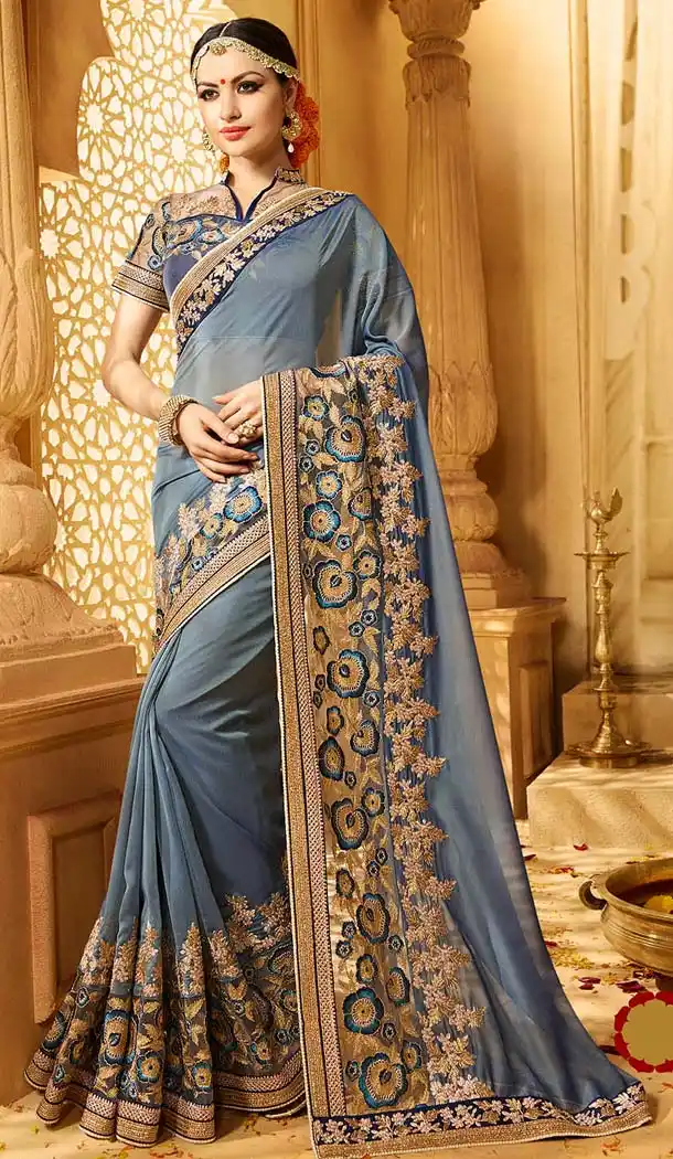 Slate Grey Color Georgette Embroidery Designer Saree | FH583986198