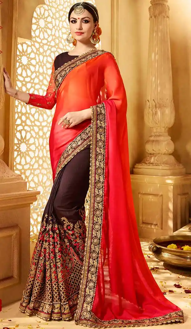 Orange Color Satin Embroidery Designer Saree | FH583986200