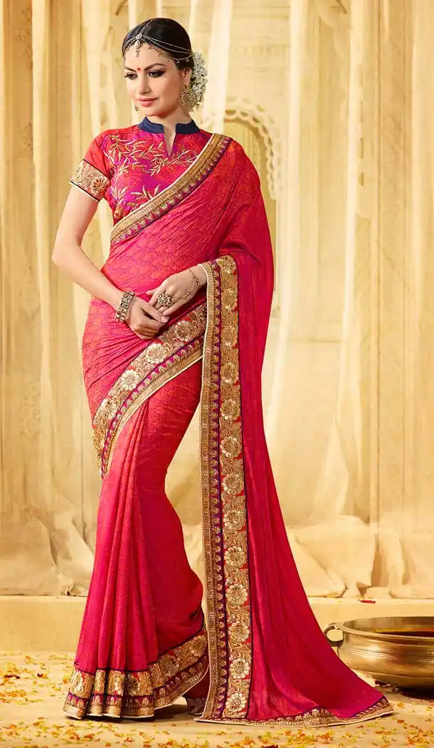 Deep Pink Color Jacquard Embroidery Designer Saree | FH583986203