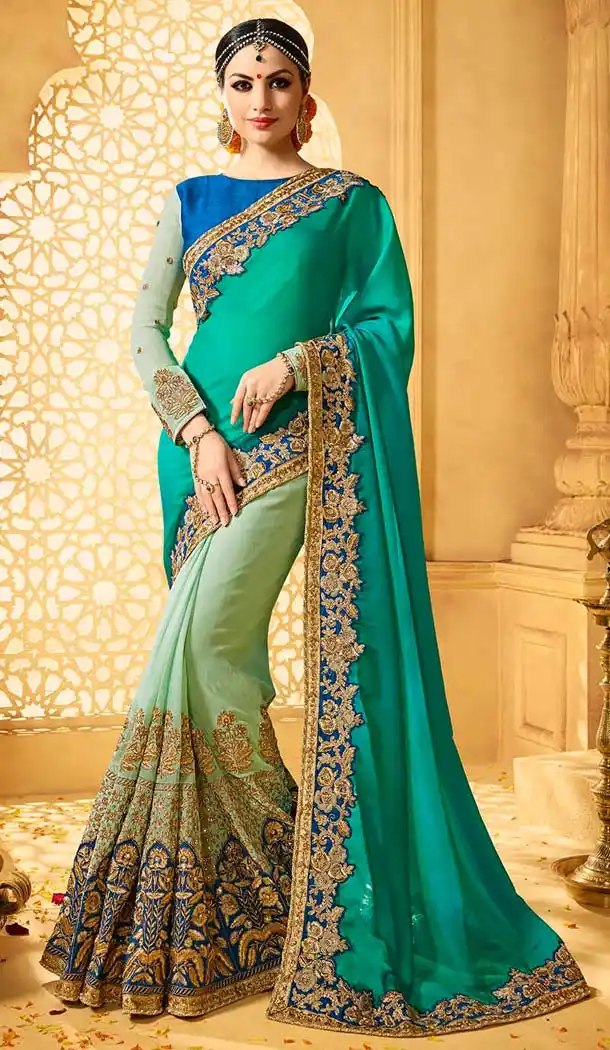 Turquoise Color Chiffon Satin Embroidery Designer Saree | FH583986204