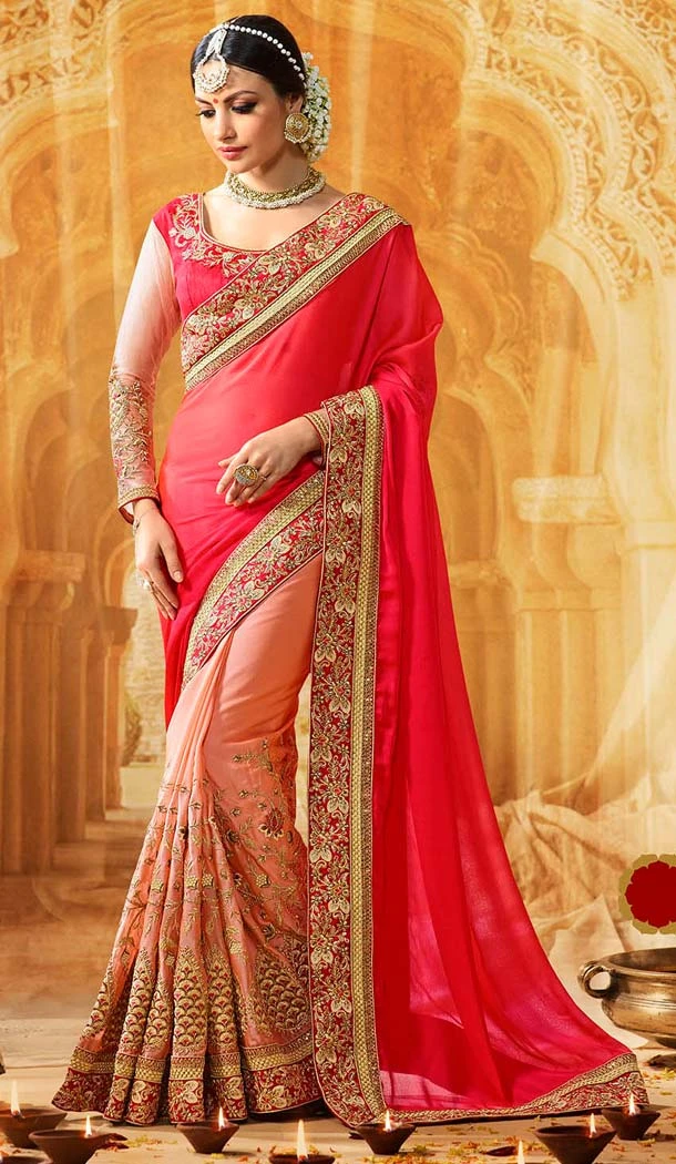 Papayawhip Color Georgette Chiffon Embroidery Designer Saree | FH583986207