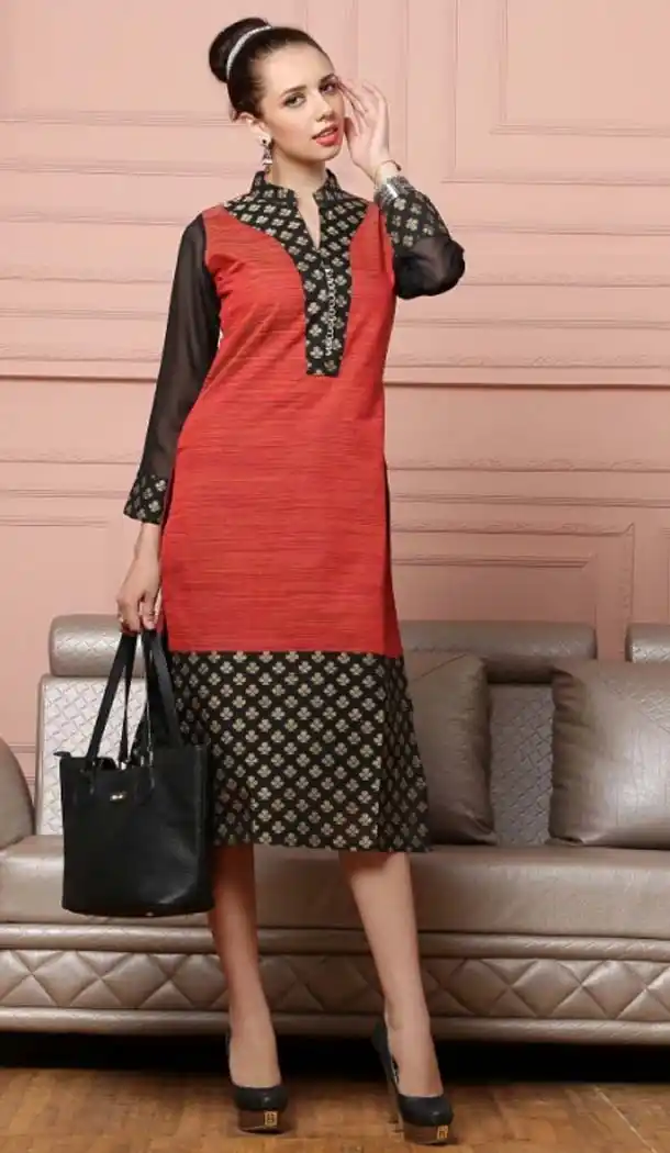 Red Color Cotton Straight Style Readymade Kurtis | FH584086094