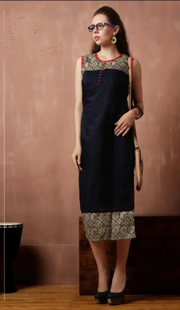 Deep Blue Color Cotton Straight Style Readymade Kurtis | FH584086095