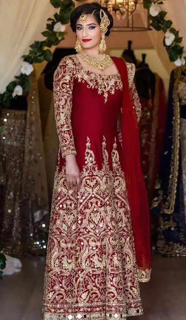 Crimson Color Silk Long Anarkali Style Salwar Kameez | FH584286112