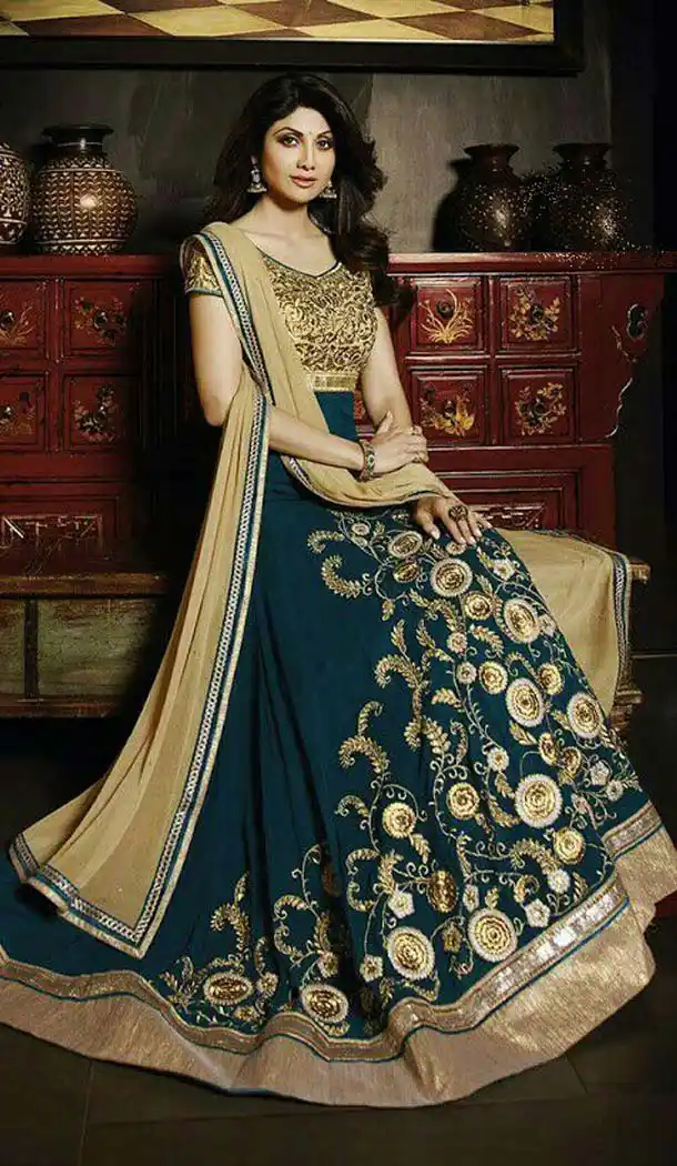 Shilpa Shetty Kundra in Long Anarkali Salwar Kameez with Cadet Blue | FH584386117