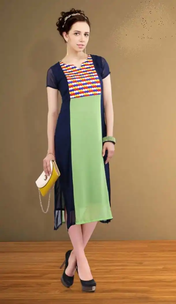 Georgette Navy Blue Color Straight Readymade Kurti | FH584586165