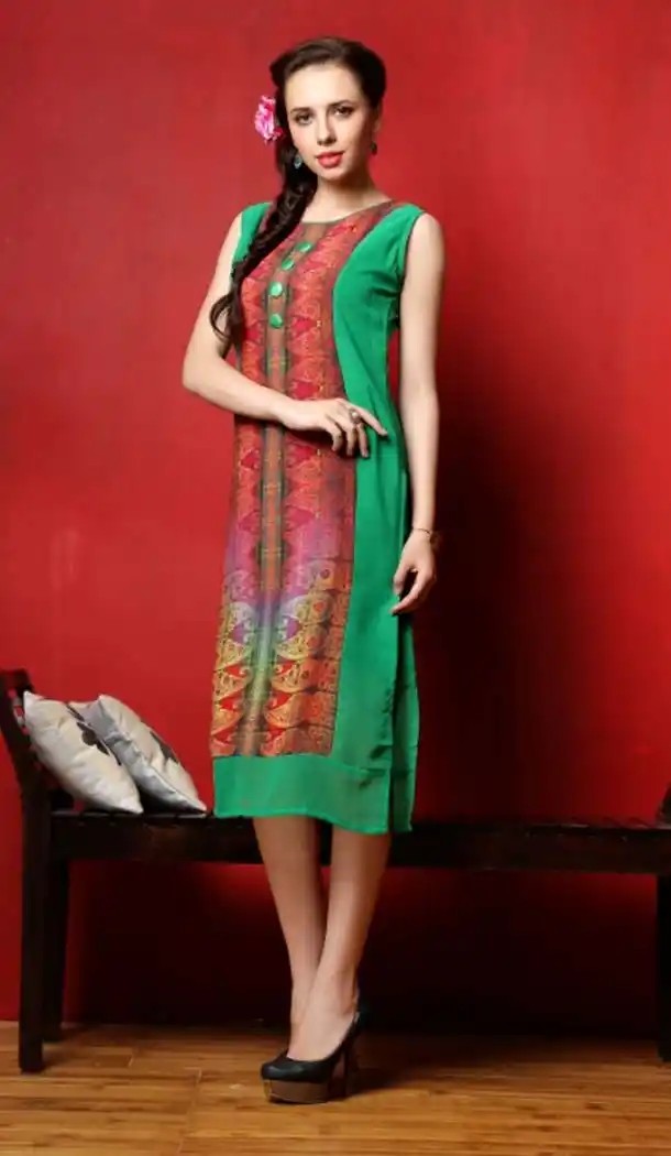 Georgette Green Color Straight Readymade Kurti | FH584586168