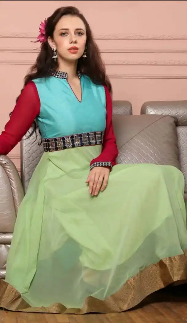 Georgette Sky Blue Color Straight Readymade Kurti | FH584586170