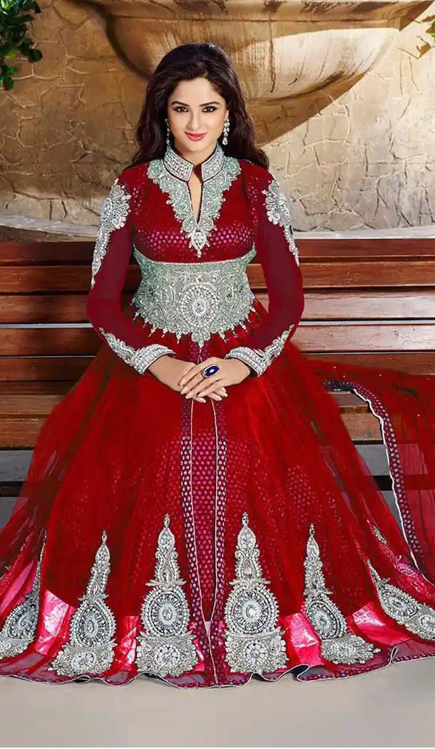 Red Color Net Embroidery Designer Lehenga Kameez | FH585186155