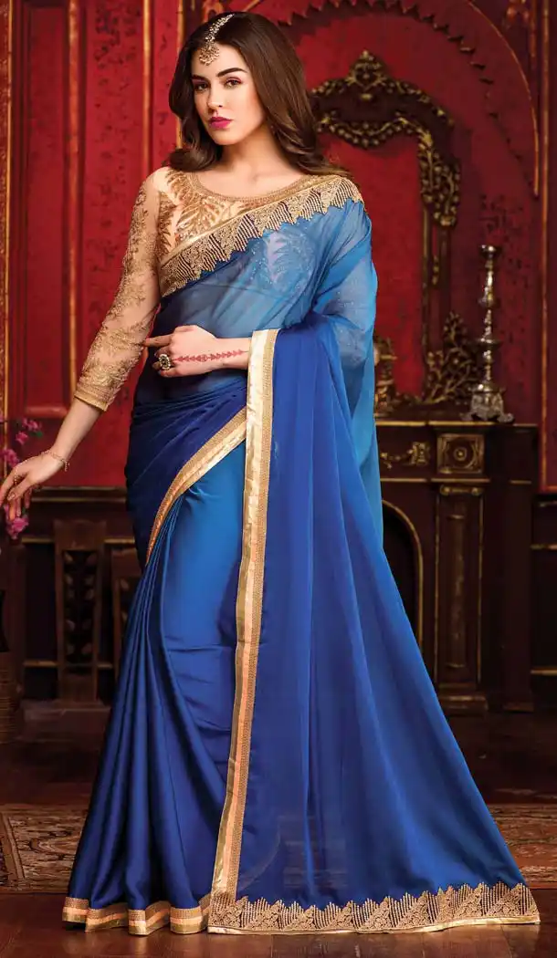 Blue Color Chiffon Embroidered Indian Traditional Sarees | FH585386219