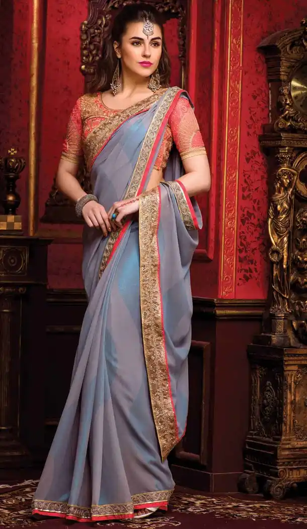 Slate Grey Color Georgette Embroidered Indian Traditional Sarees | FH585386220