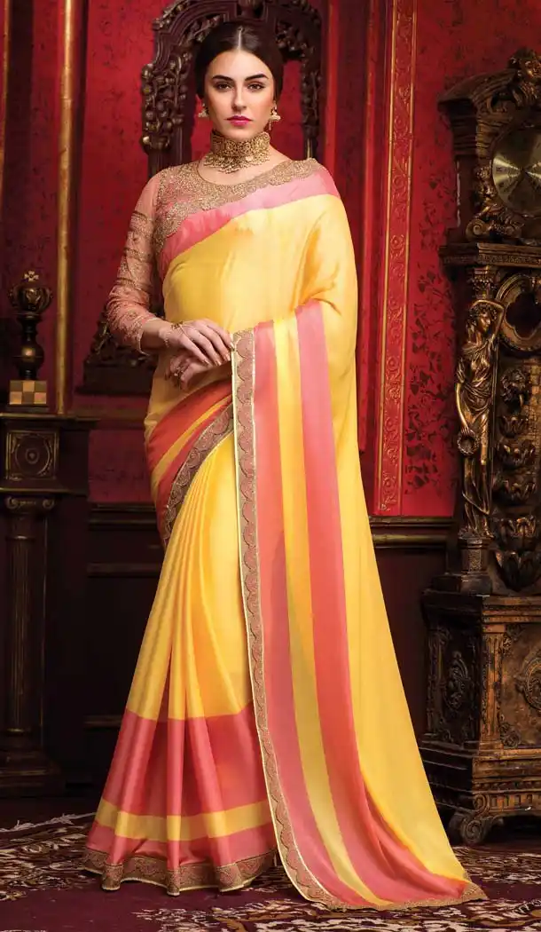 Yellow Color Crepe Silk Embroidered Indian Traditional Sarees | FH585386221