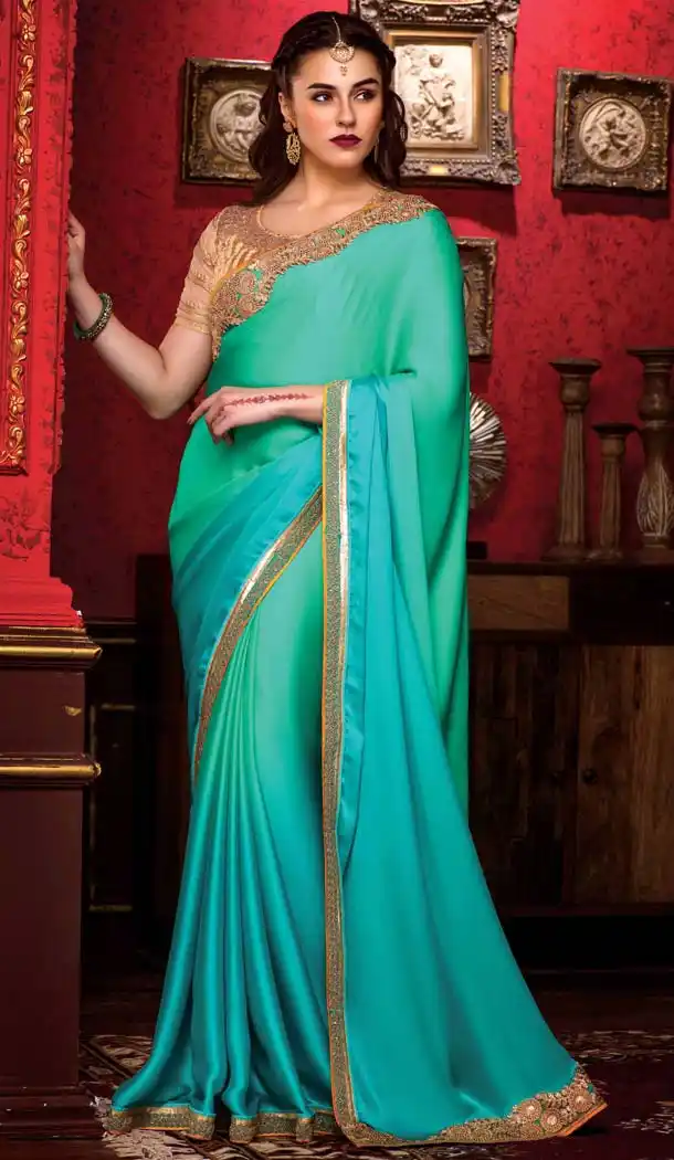 Turquoise Color Georgette Embroidered Indian Traditional Sarees | FH585386222