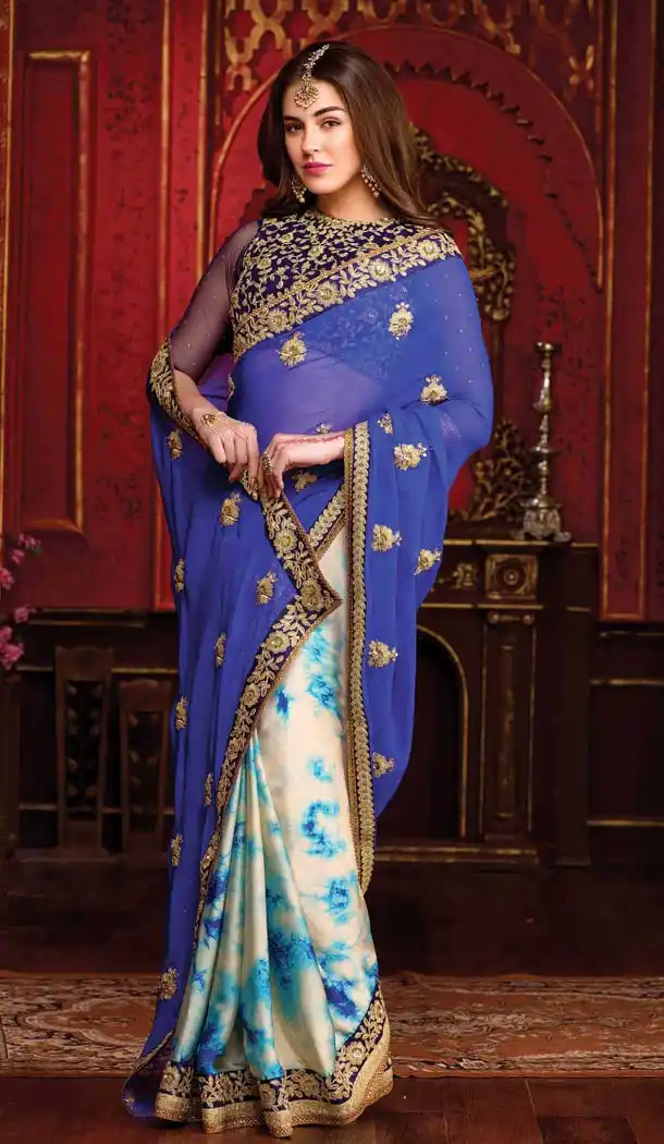 Blue Color Chiffon Embroidered Indian Traditional Sarees | FH585386224