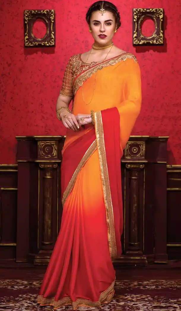 Orange Color Crepe Silk Embroidered Indian Traditional Sarees | FH585386225
