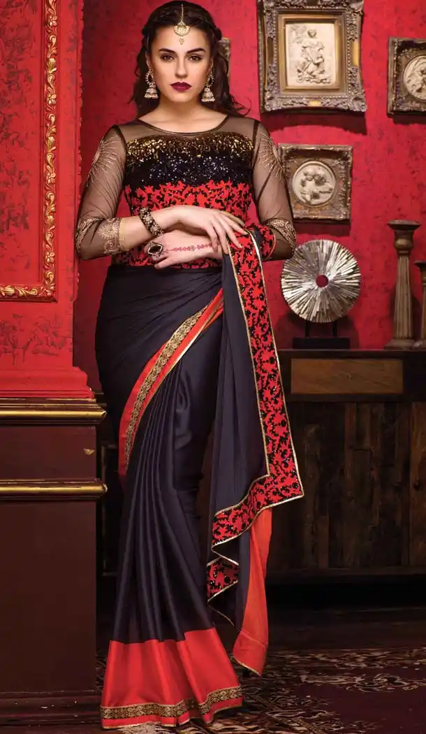 Grey Color Crepe Silk Embroidered Indian Traditional Sarees | FH585386228