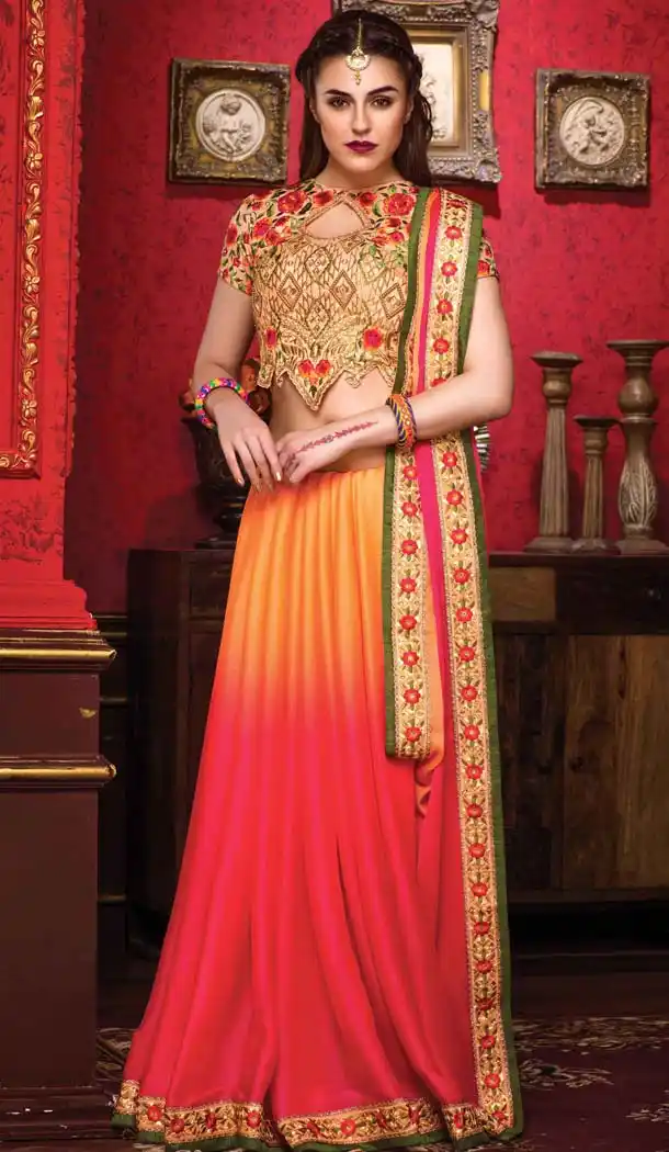 Orange Color Chiffon Embroidered Indian Traditional Sarees | FH585386229