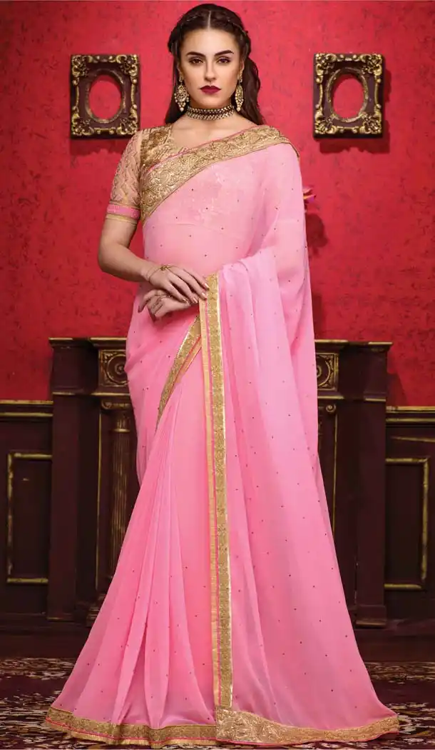 Pink Color Georgette Embroidered Indian Traditional Sarees | FH585386230