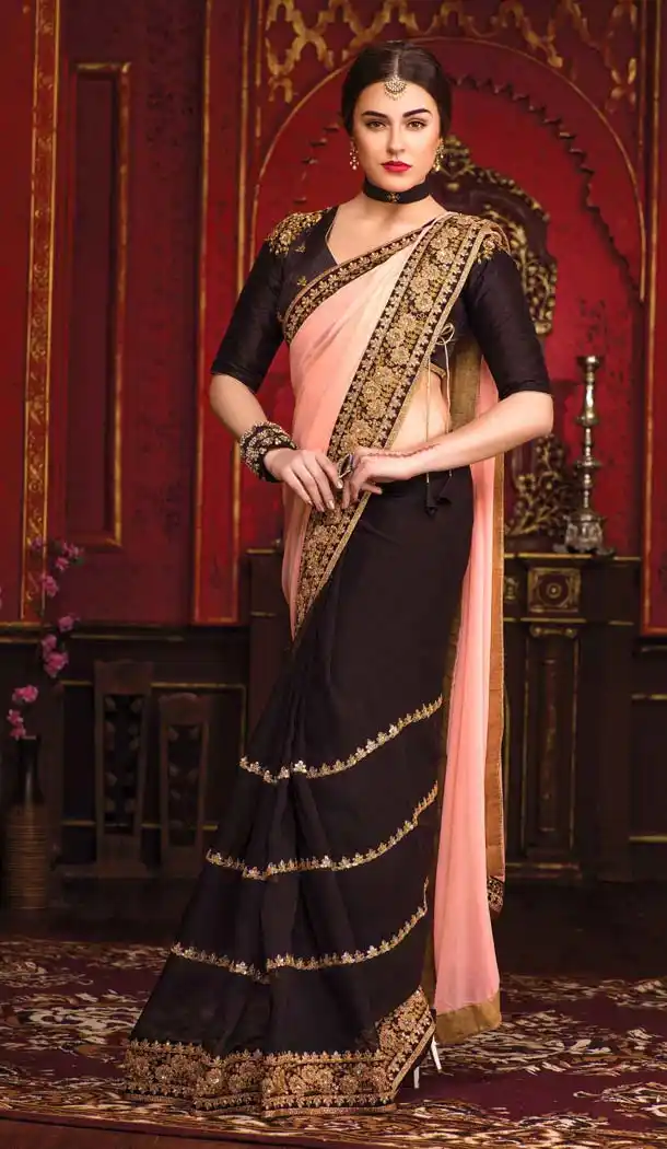 Chocolate Color Chiffon Embroidered Indian Traditional Sarees | FH585386231