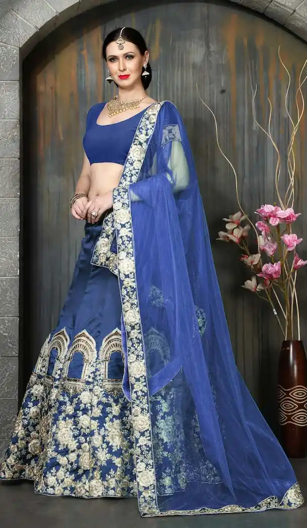 Blue Color Silk Embroidery Party Lehenga Choli | FH585486234